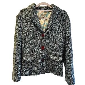 J Jill Textured Tweed Lined Blazer Jacket Blue Brown Buttons Womens‎ Size 6